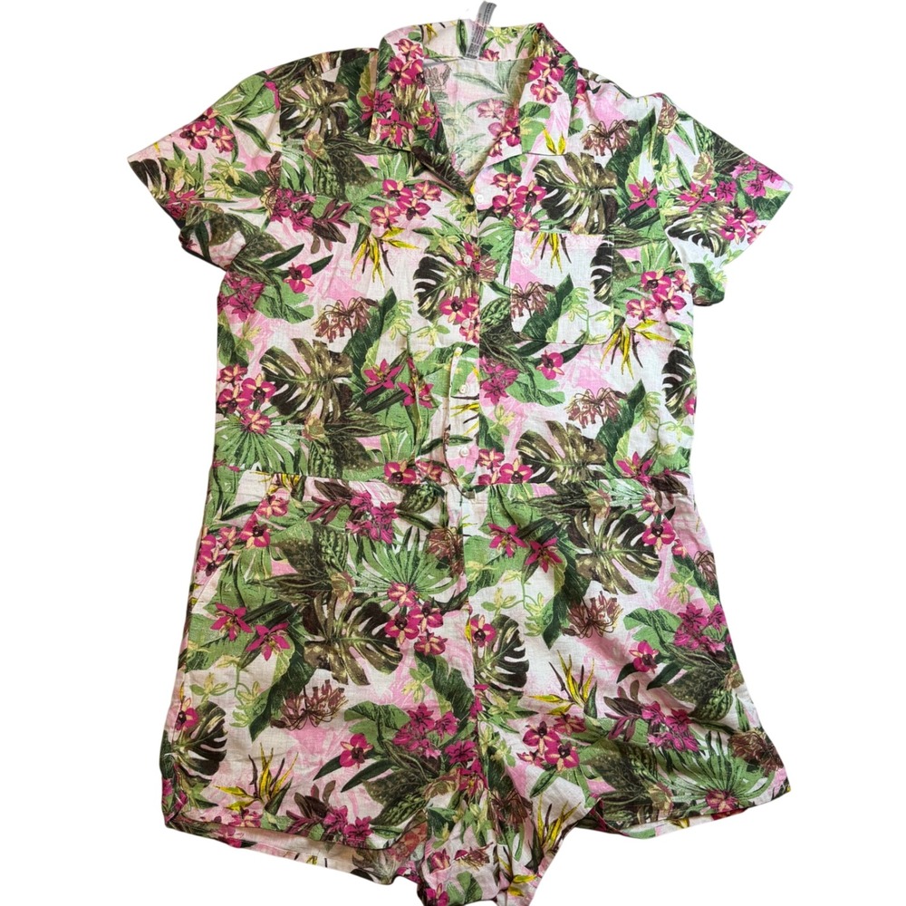 Victorias Secret Tropical Floral Linen Romper Pink Green Button Front Medium NWT